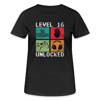 Level 16 freigeschaltet - Frauen T-Shirt atmungsaktiv - Schwarz - Vorne - AI Model Female 172 light (172cm)