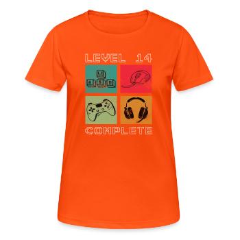 Niveau 14 terminé - T-shirt respirant Femme - orange néon - Devant - AI Model Female 172 dark (172cm)
