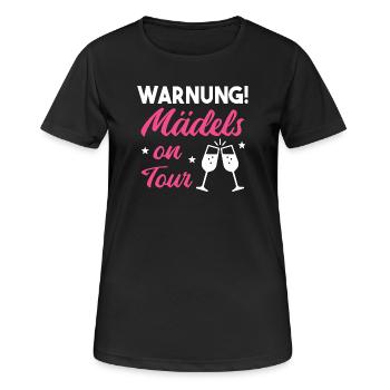 Warnung! Mädels on Tour – JGA Party Shirt - Frauen T-Shirt atmungsaktiv - Schwarz - Vorne - AI Model Female 172 light (172cm)