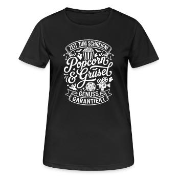 Popcorn & Grusel – Genuss garantiert - Frauen T-Shirt atmungsaktiv - Schwarz - Vorne - AI Model Female 172 light (172cm)