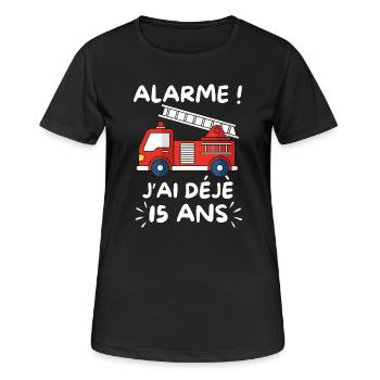 Alarme J’ai Déjà 15 Ans, Anniversaire Pompier - T-shirt respirant Femme - noir - Devant - AI Model Female 172 light (172cm)