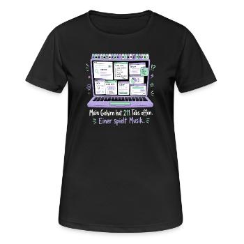 211 Tabs offen — einer spielt Musik - Frauen T-Shirt atmungsaktiv - Schwarz - Vorne - AI Model Female 172 light (172cm)