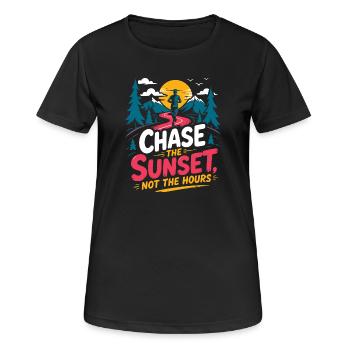 Trailrunning – Jage dem Sonnenuntergang, nicht den Stunden - Frauen T-Shirt atmungsaktiv - Schwarz - Vorne - AI Model Female 172 light (172cm)