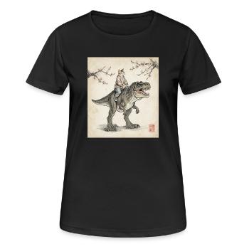 Katze mit Dino Kirschblüten Japan japanische Kunst - Frauen T-Shirt atmungsaktiv - Schwarz - Vorne - AI Model Female 172 light (172cm)