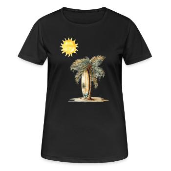 Sonnenbeschienene Palmen-Surfbrett-Szene - Frauen T-Shirt atmungsaktiv - Schwarz - Vorne - AI Model Female 172 light (172cm)