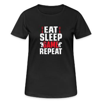 Motif d’arcade répété du jeu Eat Sleep - T-shirt respirant Femme - noir - Devant - AI Model Female 172 light (172cm)