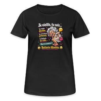 T-shirt Humour Vieillesse Je Vieillis Tu Sais Batt - T-shirt respirant Femme - noir - Devant - AI Model Female 172 light (172cm)
