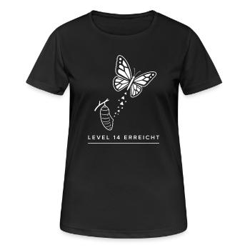 Level 14 Erreicht – Geburtstag Schmetterling - Frauen T-Shirt atmungsaktiv - Schwarz - Vorne - AI Model Female 172 light (172cm)