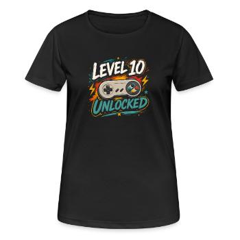 Level 10 freigeschaltetes 10-Jahres-Jubiläums-D-Geschenk - Frauen T-Shirt atmungsaktiv - Schwarz - Vorne - AI Model Female 172 light (172cm)
