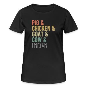Schwein, Huhn, Ziegen, Kuh, Einhorn, Snillfarm - Frauen T-Shirt atmungsaktiv - Schwarz - Vorne - AI Model Female 172 light (172cm)