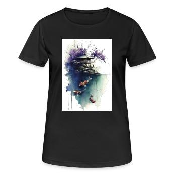 Aquarell-Koi und Kirschpagode - Frauen T-Shirt atmungsaktiv - Schwarz - Vorne - AI Model Female 172 light (172cm)