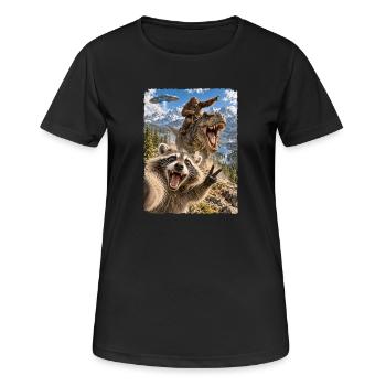 Lustiges Waschbär Selfie mit Bigfoot, T-Rex, UFO - Frauen T-Shirt atmungsaktiv - Schwarz - Vorne - AI Model Female 172 light (172cm)