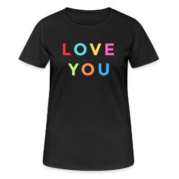 Buntes LOVE YOU Design – Regenbogen Buchstaben - Frauen T-Shirt atmungsaktiv - Schwarz - Vorne - AI Model Female 172 light (172cm)