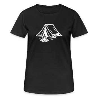 Zelt Lagerfeuer - Frauen T-Shirt atmungsaktiv - Schwarz - Vorne - AI Model Female 172 light (172cm)