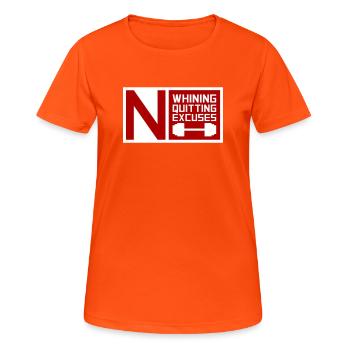 Pas de plaintes, pas d’abandon, pas d’excuses, motivation pour la salle de sport - T-shirt respirant Femme - orange néon - Devant - AI Model Female 172 dark (172cm)