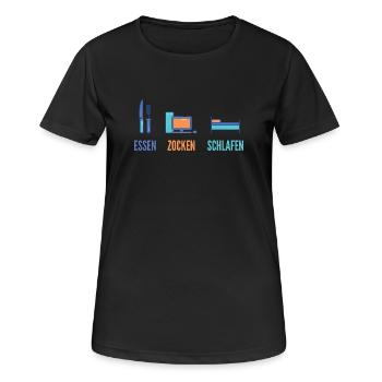 Essen Zocken Schlafen Gamer Spruch - Frauen T-Shirt atmungsaktiv - Schwarz - Vorne - AI Model Female 172 light (172cm)