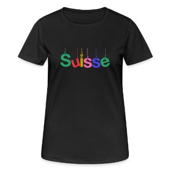 SCHWEIZ. LAND. GENF. HUMOR. FLAGGE - Frauen T-Shirt atmungsaktiv - Schwarz - Vorne - AI Model Female 172 light (172cm)