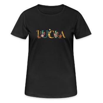 Art du nom LUCIA avec des fleurs brodées - T-shirt respirant Femme - noir - Devant - AI Model Female 172 light (172cm)