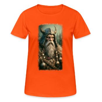 Mythischer Wikingerkrieger mit Hornhelm - Frauen T-Shirt atmungsaktiv - Neonorange - Vorne - AI Model Female 172 dark (172cm)