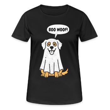 Golden Retriever Boo Woof – lustiger Halloween-Hund - Frauen T-Shirt atmungsaktiv - Schwarz - Vorne - AI Model Female 172 light (172cm)
