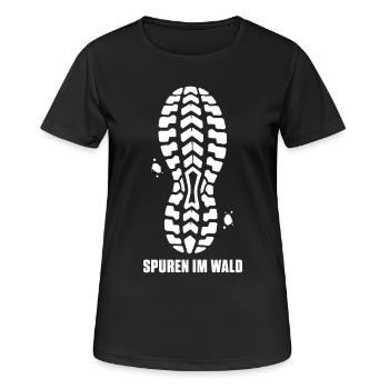 Spurem Im Wald – Trail Running Schuh Sohle Spruch - Frauen T-Shirt atmungsaktiv - Schwarz - Vorne - AI Model Female 172 light (172cm)