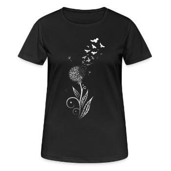Löwenzahn. Pusteblume mit Vogelschwarm. - Frauen T-Shirt atmungsaktiv - Schwarz - Vorne - AI Model Female 172 light (172cm)