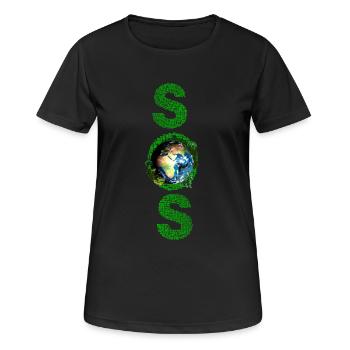 SOS Erde Schriftzug grün lang - Frauen T-Shirt atmungsaktiv - Schwarz - Vorne - AI Model Female 172 light (172cm)