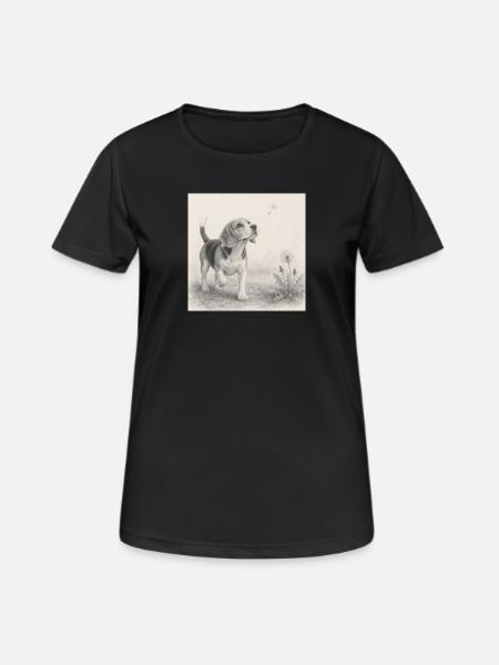 Dessin au crayon beagle avec pissenlit - T-shirt respirant Femme - noir