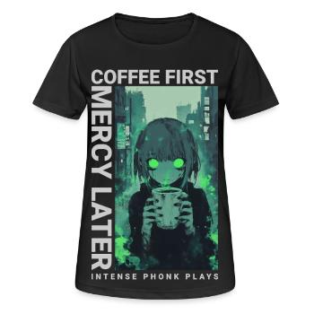 Café d'abord, Miséricorde plus tard, style anime Vaporwave - T-shirt respirant Femme - noir - Devant - AI Model Female 172 light (172cm)
