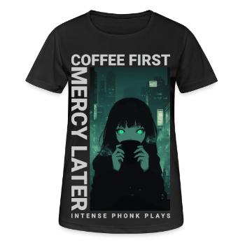 Café d'abord, Miséricorde plus tard, style anime Vaporwave - T-shirt respirant Femme - noir - Devant - AI Model Female 172 light (172cm)