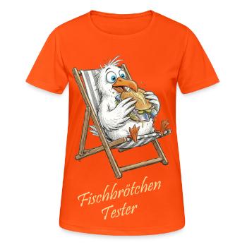 Fischbrötchen Tester Cartoon - Frauen T-Shirt atmungsaktiv - Neonorange - Vorne - AI Model Female 172 dark (172cm)