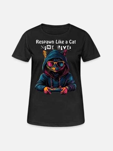 Respawn Like a Cat - Nine Lives Gamer Cat Design - Women's Breathable T-Shirt - black
