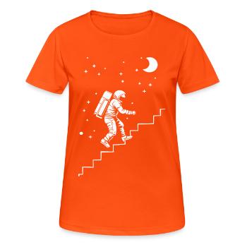 Astronaut auf der Treppe Weltraum-Style - Frauen T-Shirt atmungsaktiv - Neonorange - Vorne - AI Model Female 172 dark (172cm)