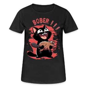 Hyper-Katze ruft „Bober!!!“ – Tierischer Ausraster - Frauen T-Shirt atmungsaktiv - Schwarz - Vorne - AI Model Female 172 light (172cm)
