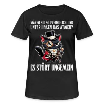 Her breathing is disturbing – Cynical cat in a noble look - Women's Breathable T-Shirt - black - Front - AI Model Female 172 light (172cm)