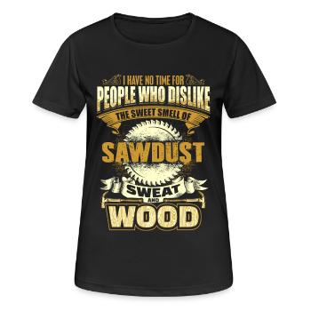 Schreiner - Holz - Sägemehl - Schweiss - EN - Frauen T-Shirt atmungsaktiv - Schwarz - Vorne - AI Model Female 172 light (172cm)