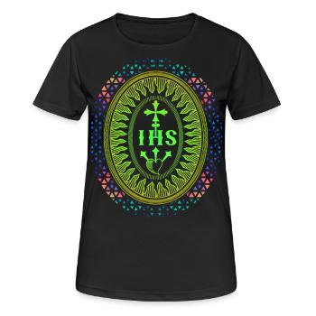 Jesus, Jesus Christus, IHS Jesuiten, Jesuitenorden - Frauen T-Shirt atmungsaktiv - Schwarz - Vorne - AI Model Female 172 light (172cm)