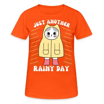 Cat with raincoat and rubber boots, saying - Women's Breathable T-Shirt - neon orange - Front - AI Model Female 172 dark (172cm)