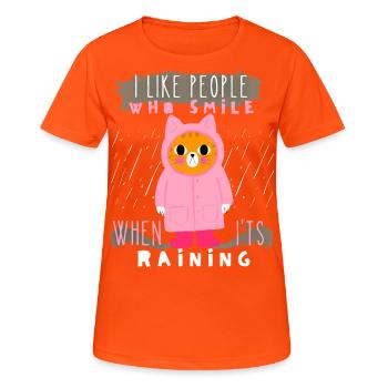 Cat in the rain, raincoat, rubber boots, saying - Women's Breathable T-Shirt - neon orange - Front - AI Model Female 172 dark (172cm)