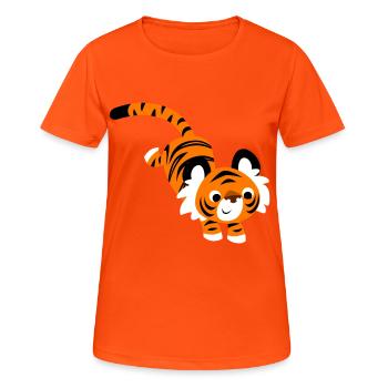 Cute Jumping Cartoon Tiger by Cheerful Madness!! - Women's Breathable T-Shirt - neon orange - Front - AI Model Female 172 dark (172cm)