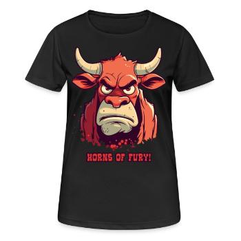 Hörner des Zorns: Bauernhof Bulle Kuh - Frauen T-Shirt atmungsaktiv - Schwarz - Vorne - AI Model Female 172 light (172cm)