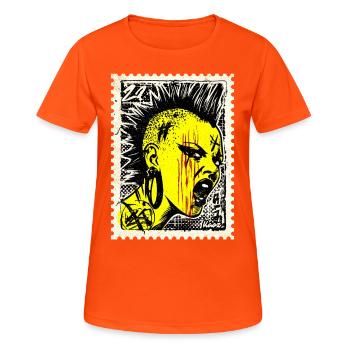 Wilde Punk Frau mit Iro und Wut auf Briefmarke - Frauen T-Shirt atmungsaktiv - Neonorange - Vorne - AI Model Female 172 dark (172cm)