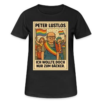 Peter Lustlos: Ich wollte doch nur zum Bäcker - Frauen T-Shirt atmungsaktiv - Schwarz - Vorne - AI Model Female 172 light (172cm)