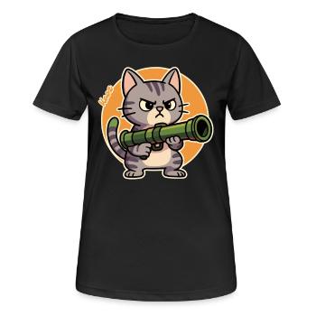 Chat en colère au bazooka – Motif de bande dessinée - T-shirt respirant Femme - noir - Devant - AI Model Female 172 light (172cm)