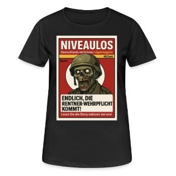 Satire Magazin mit Zombie Soldat und Schlagzeile - Frauen T-Shirt atmungsaktiv - Schwarz - Vorne - AI Model Female 172 light (172cm)