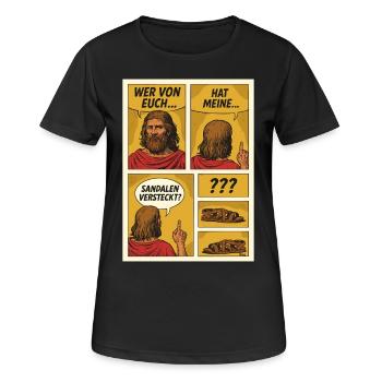Comic-Jesus sucht Sandalen - Frauen T-Shirt atmungsaktiv - Schwarz - Vorne - AI Model Female 172 light (172cm)