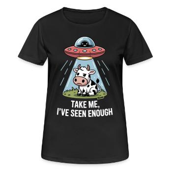 Kuh mit UFO und Lichtstrahl Alien Entführung - Frauen T-Shirt atmungsaktiv - Schwarz - Vorne - AI Model Female 172 light (172cm)