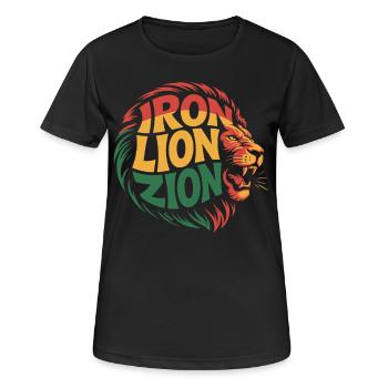 Löwenkopf mit „Eiserner Löwe Zion“ in Rasta-Farben - Frauen T-Shirt atmungsaktiv - Schwarz - Vorne - AI Model Female 172 light (172cm)