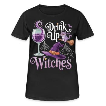 Witch Party with Style – T-Shirt with Cat & Wine - Women's Breathable T-Shirt - black - Front - AI Model Female 172 light (172cm)