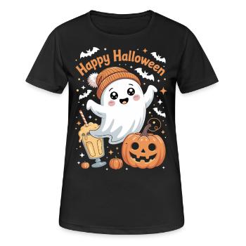 Mignon fantôme d’Halloween avec chapeau et café - T-shirt respirant Femme - noir - Devant - AI Model Female 172 light (172cm)